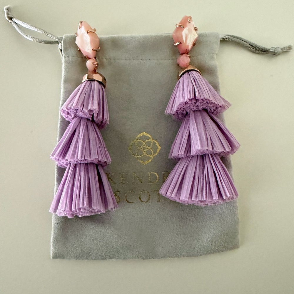 Kendra Scott Lilac Tiered Tassel Drop Earrings with Pink Stone.